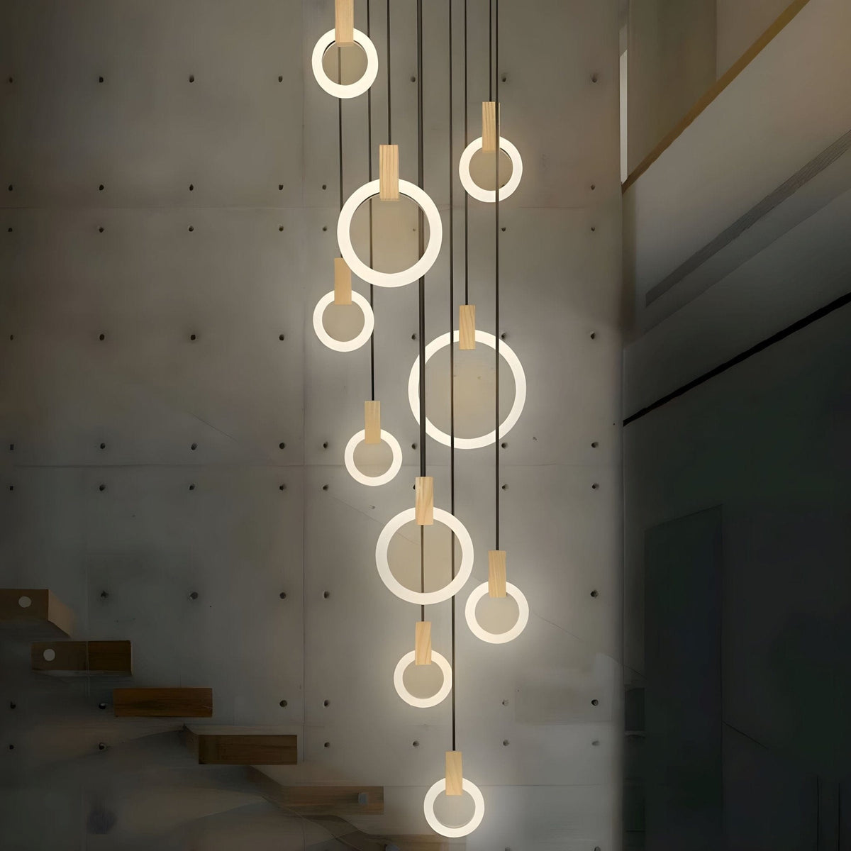 HALO Wood Ring LED Chandelier Dimmable Dining Room Living Room Staircase — 1 to 5 Rings — product view 1