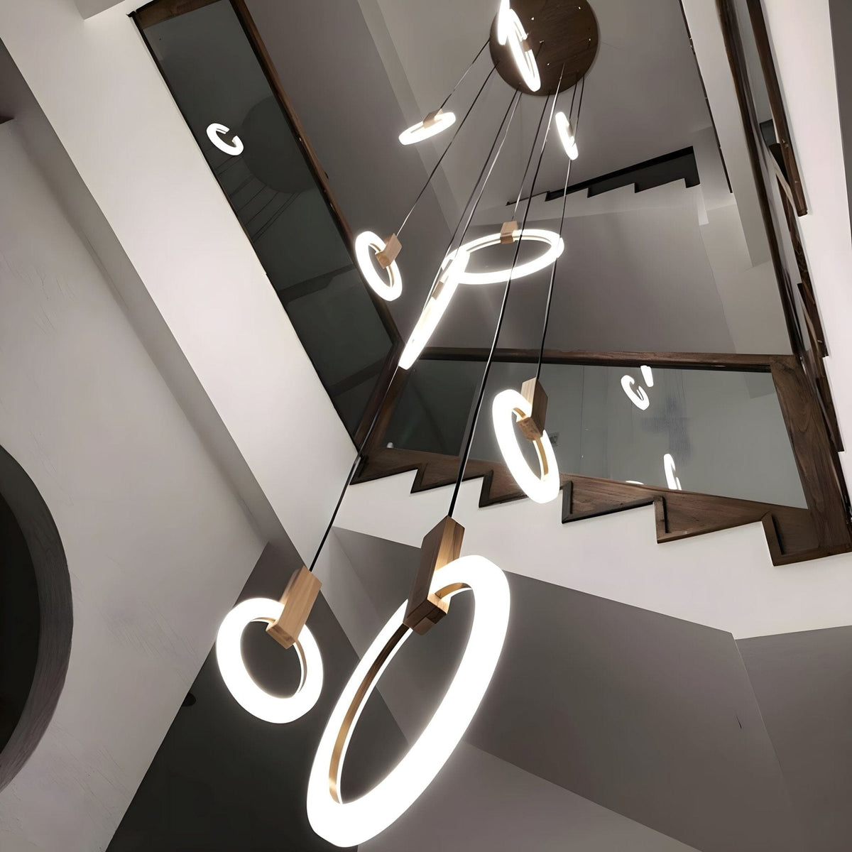HALO Wood Ring LED Chandelier Dimmable Dining Room Living Room Staircase — 1 to 5 Rings — product view 6