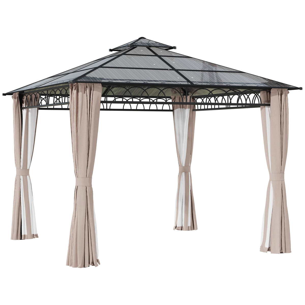 3 x 3m Polycarbonate Hardtop Gazebo with Curtains & Netting, Khaki — product view 1