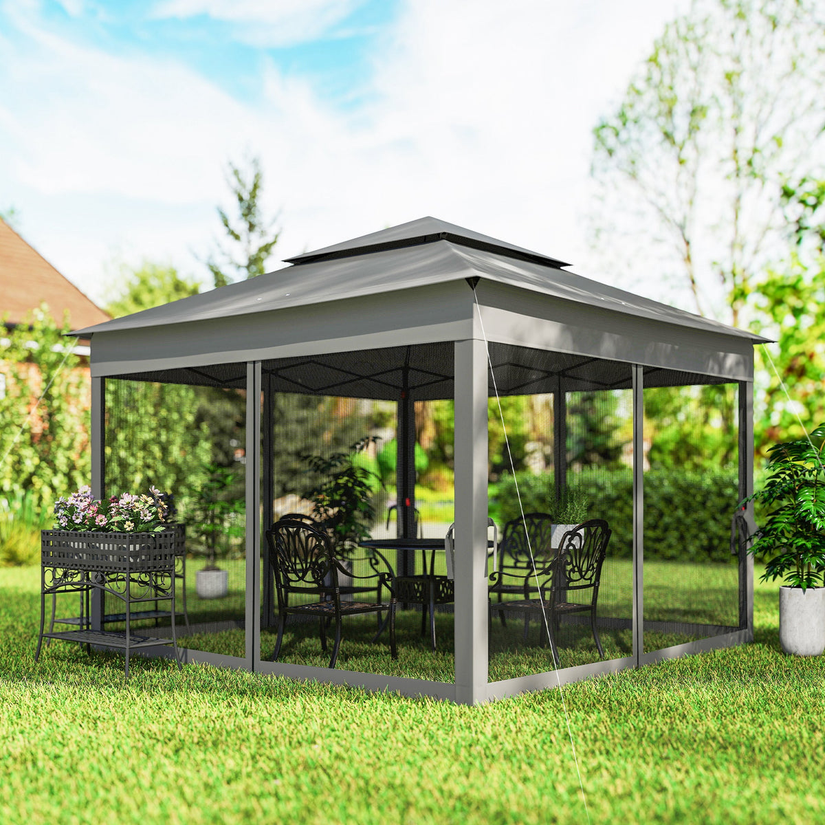 11' x 11' Pop-Up Canopy with 2-Tier Soft Top and Zipper Netting, Dark Grey — product view 4