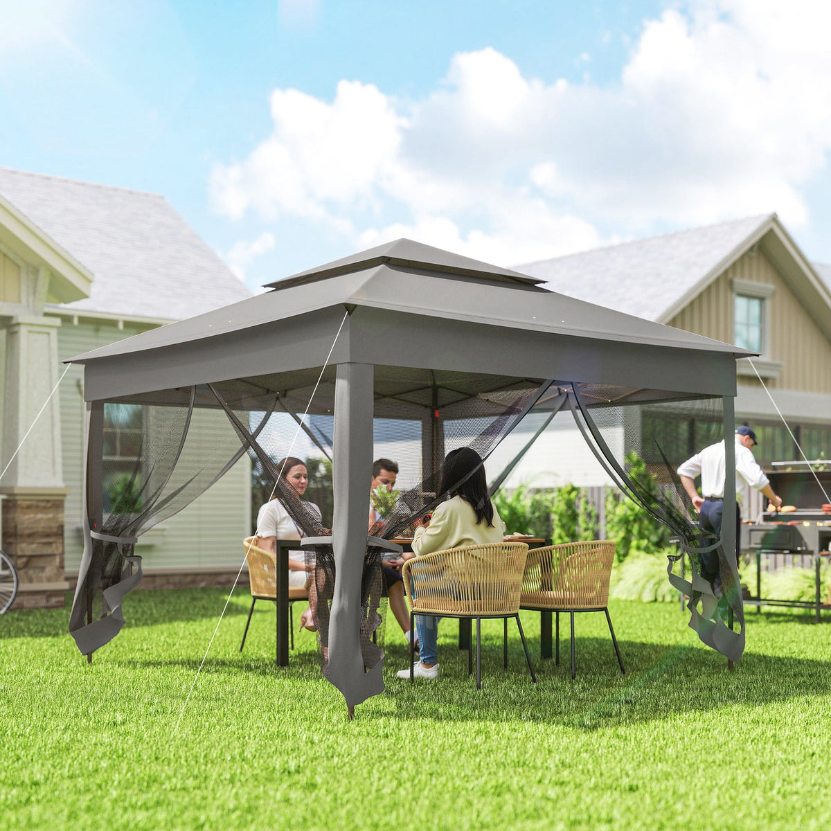 11' x 11' Pop-Up Canopy with 2-Tier Soft Top and Zipper Netting, Dark Grey — product view 3