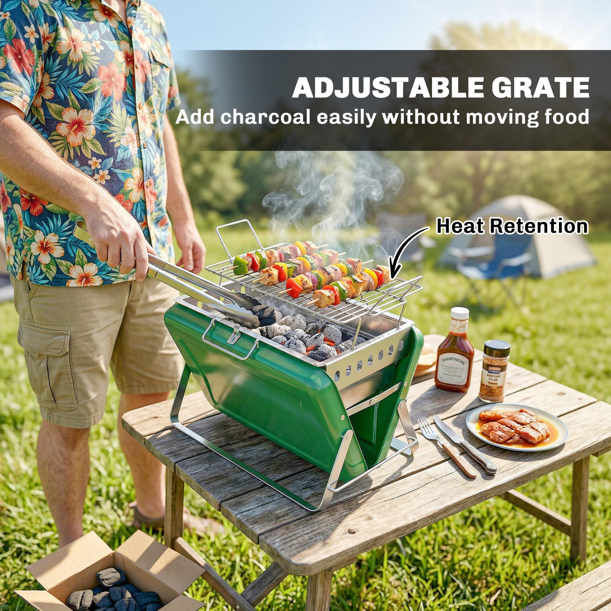 Folding Portable Charcoal BBQ Grill with Handle and Foldable Legs, Dark Green — product view 7