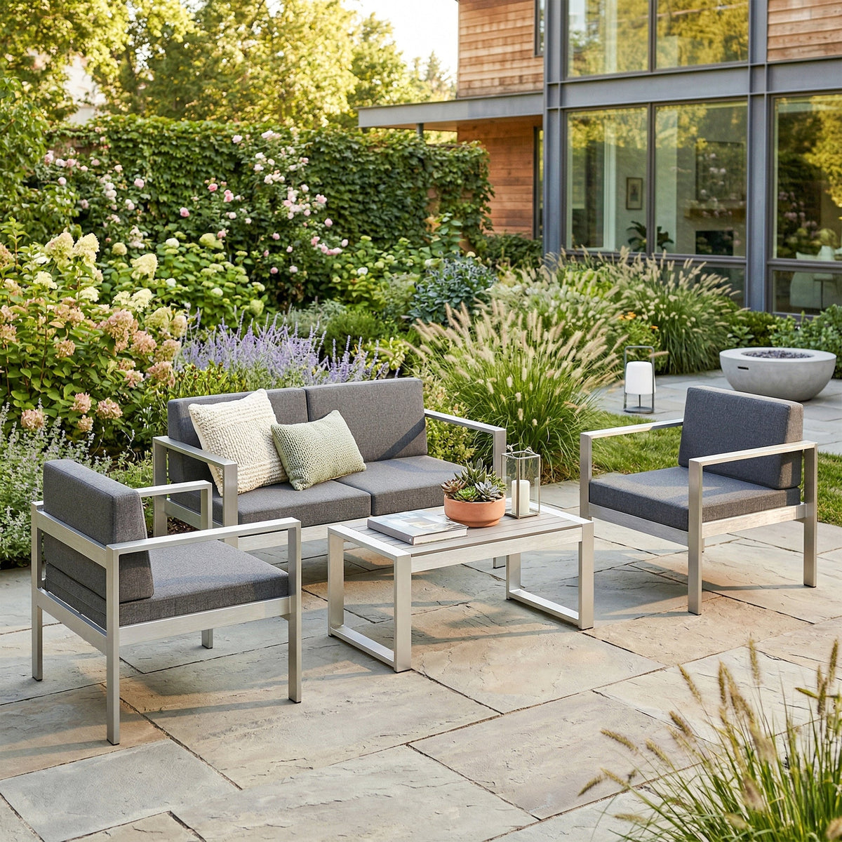 4-Seater Aluminium Sofa Set with Faux Wood Table and Olefin Cushions, Dark Grey — product view 3