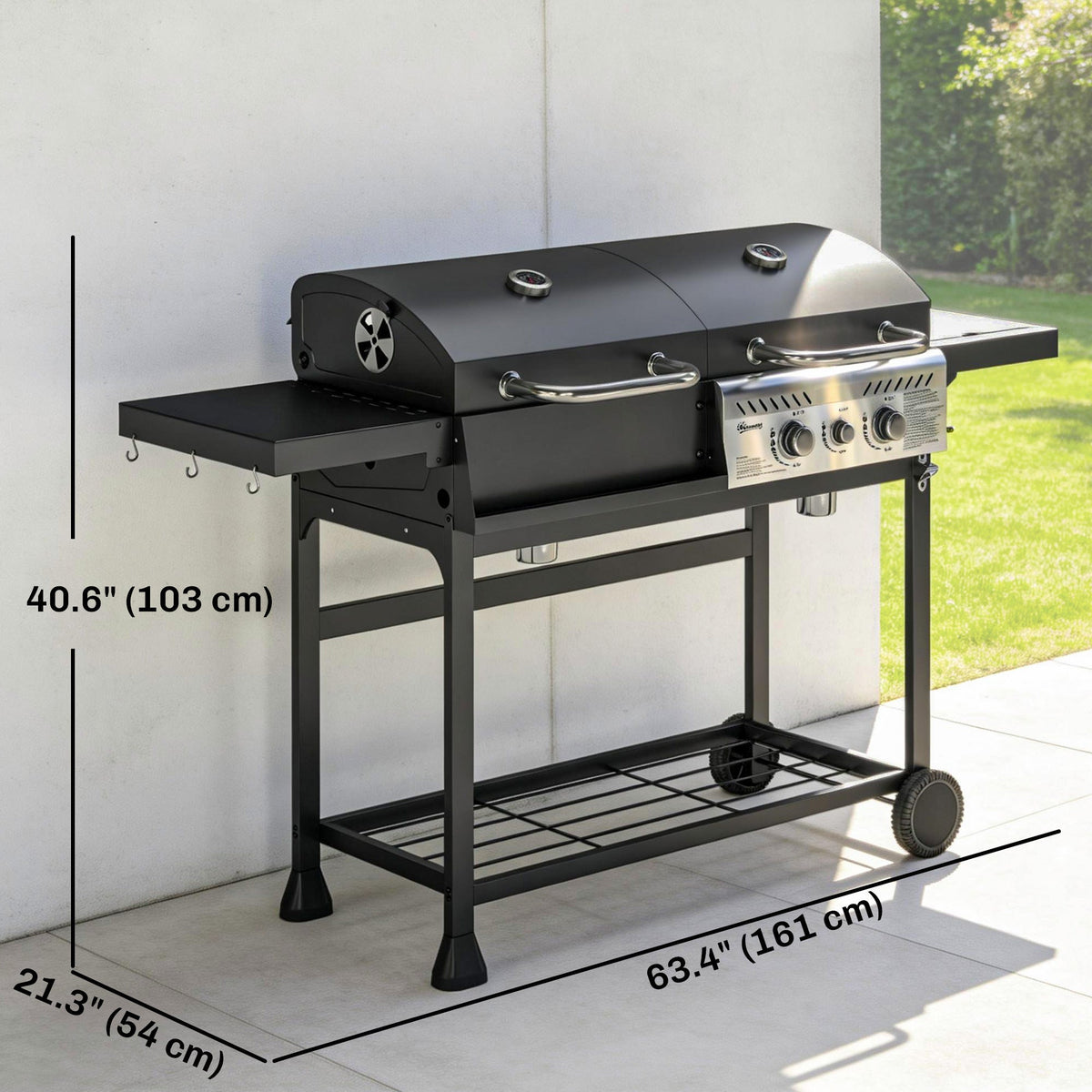 Dual Fuel BBQ Grill with Charcoal and 2+1 Gas Burners, Black — product view 5