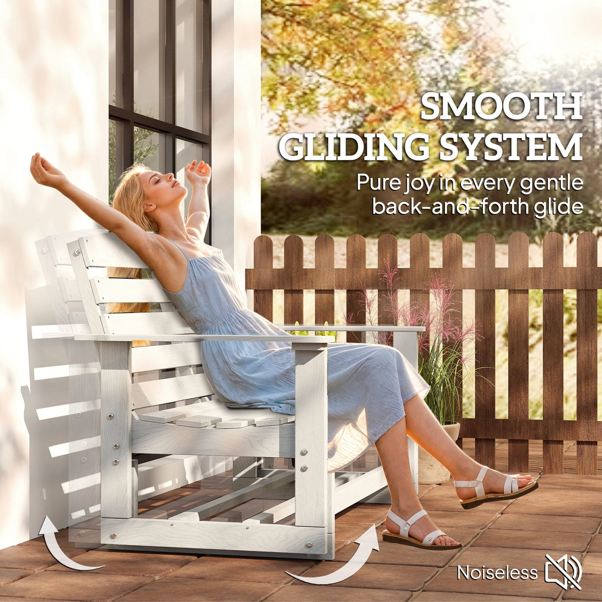2-Person Outdoor Glider Bench w/ Slatted HDPE Frame for Backyard Garden Porch, Distressed White — product view 6