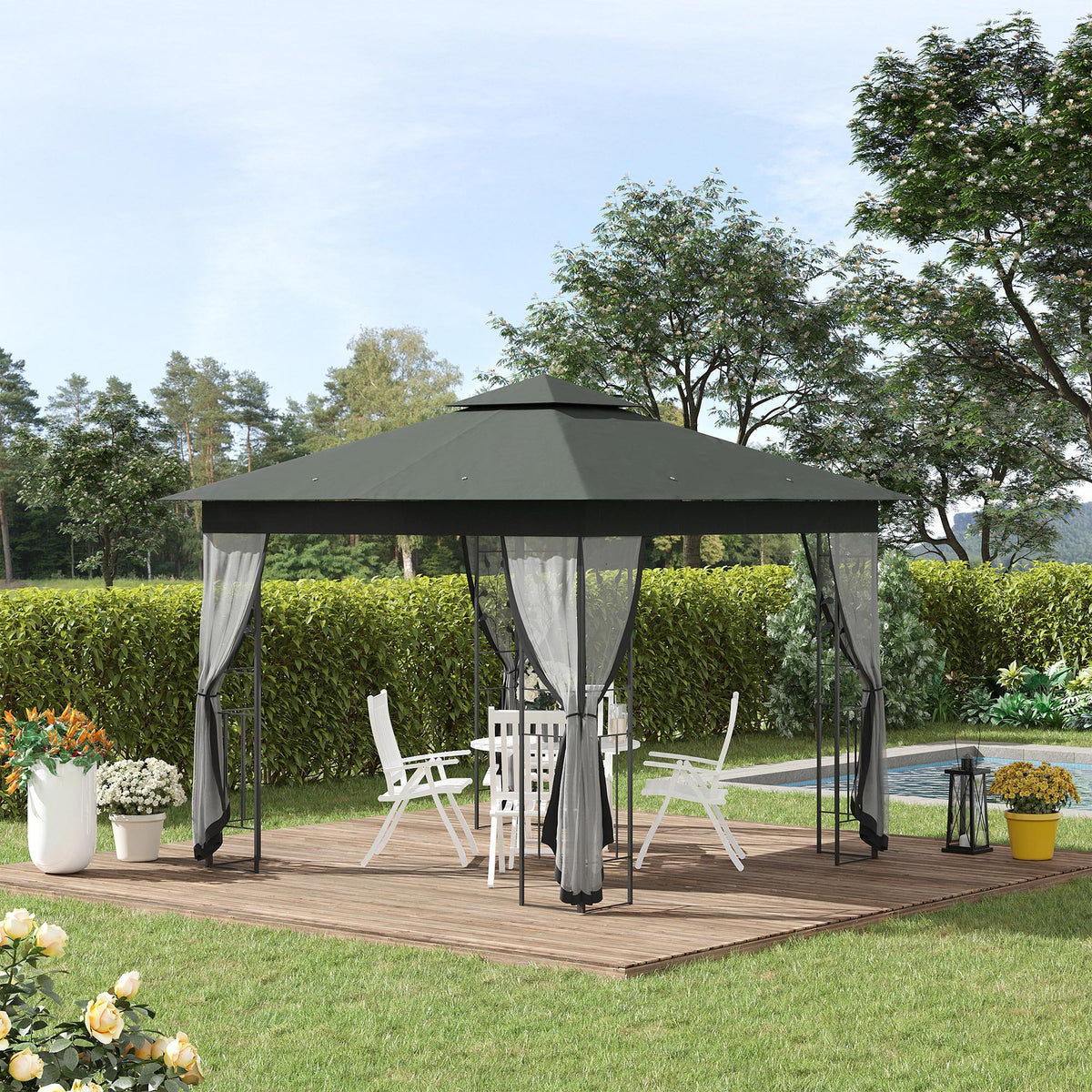 3 x 3m Garden Gazebo with Double Roof & Netting, Grey — product view 4