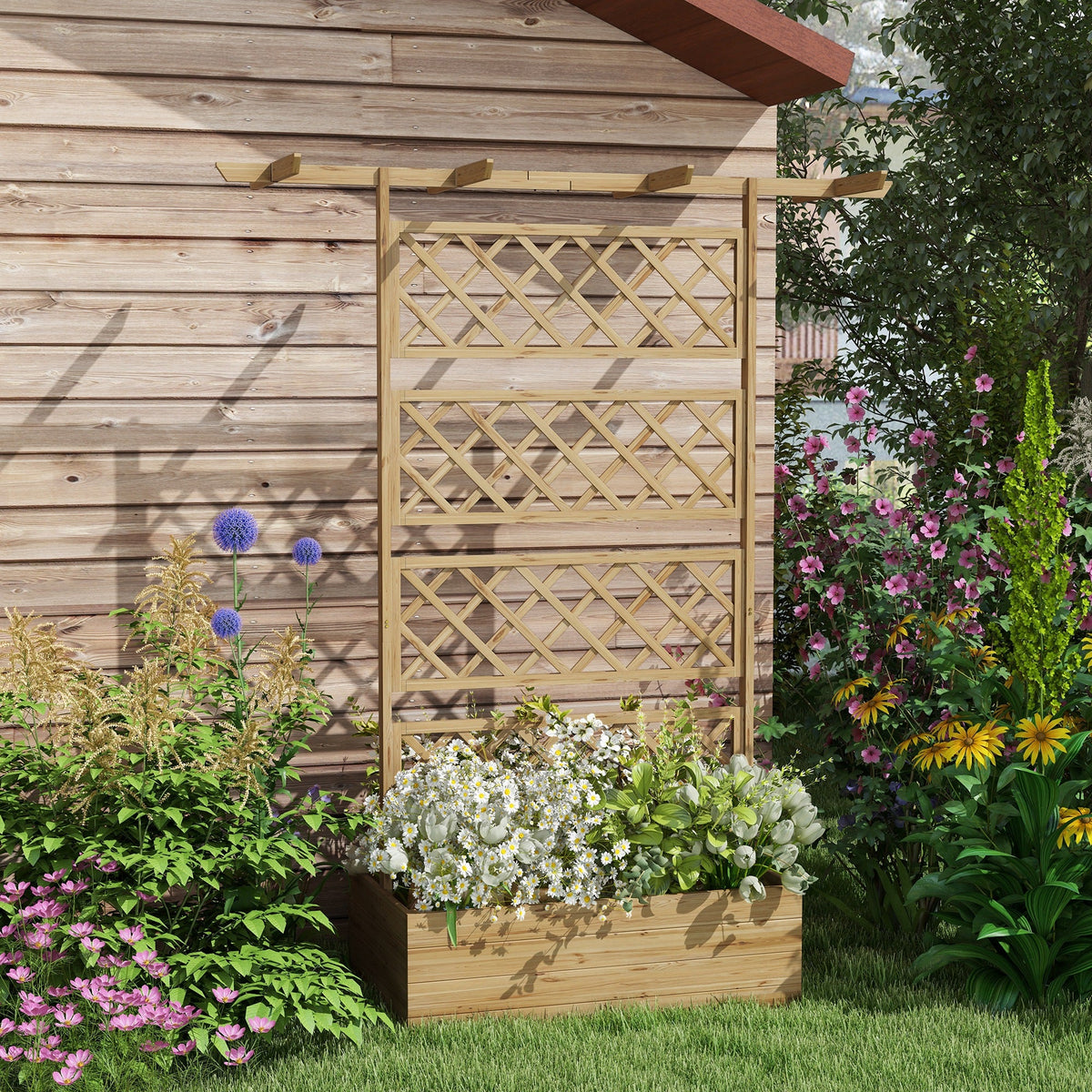 Wood Raised Garden Bed with Trellis, Roof and Privacy Screen, Natural — product view 4