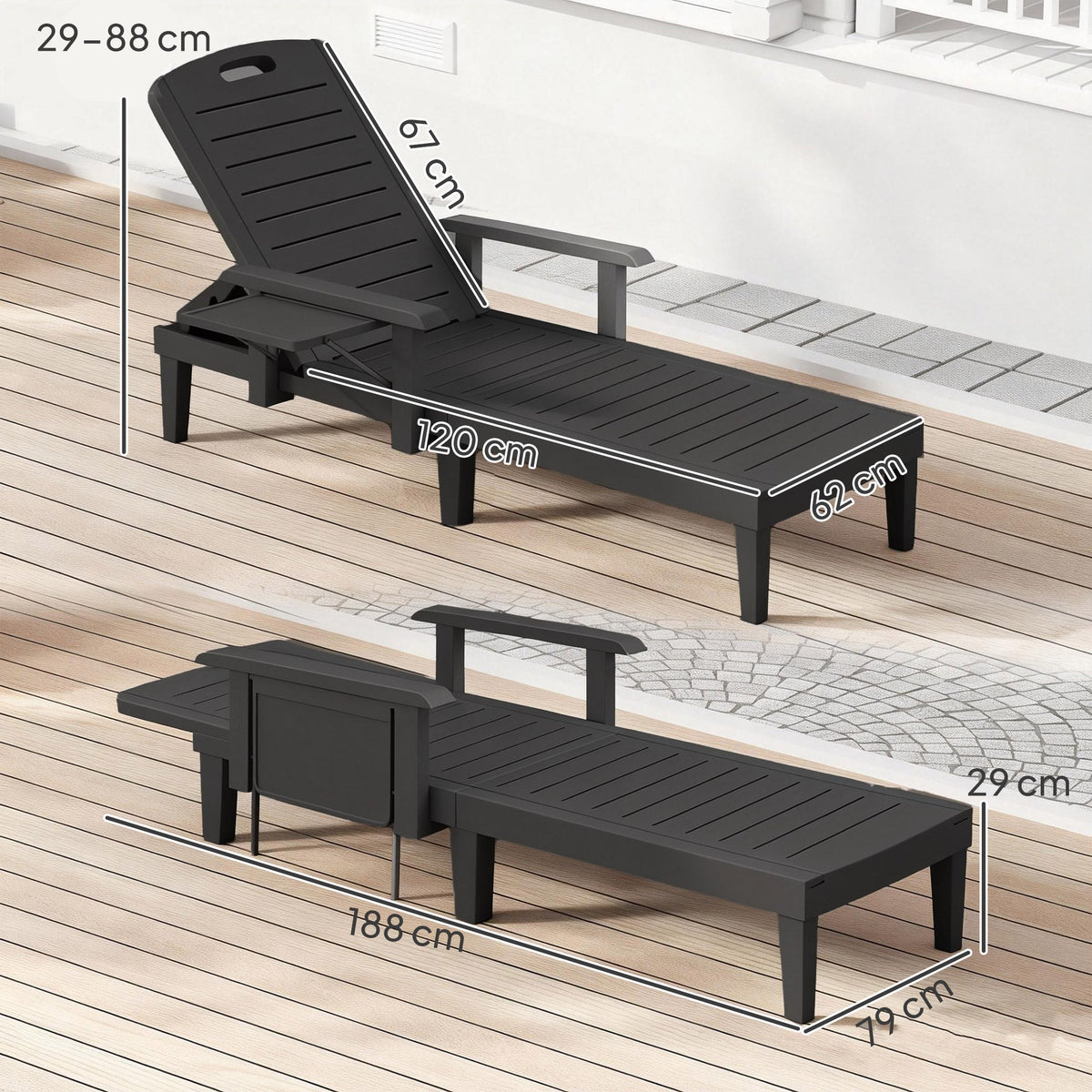 Set of 2 Resin Sun Loungers with Foldable Side Table, Black — product view 5