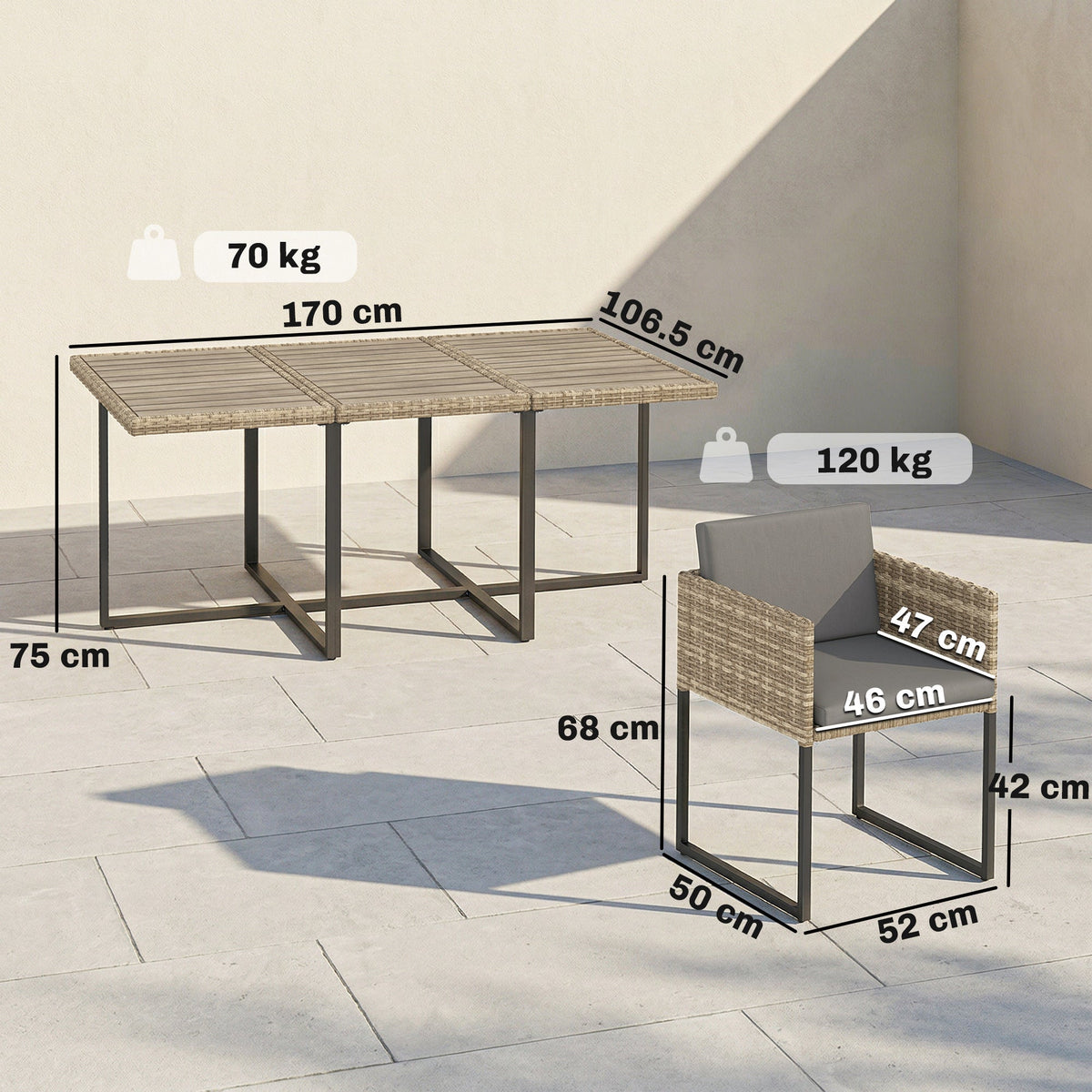 7-Piece Light Brown Rattan Dining Set with WPC Table, 6 Chairs & 12 Cushions — product view 5