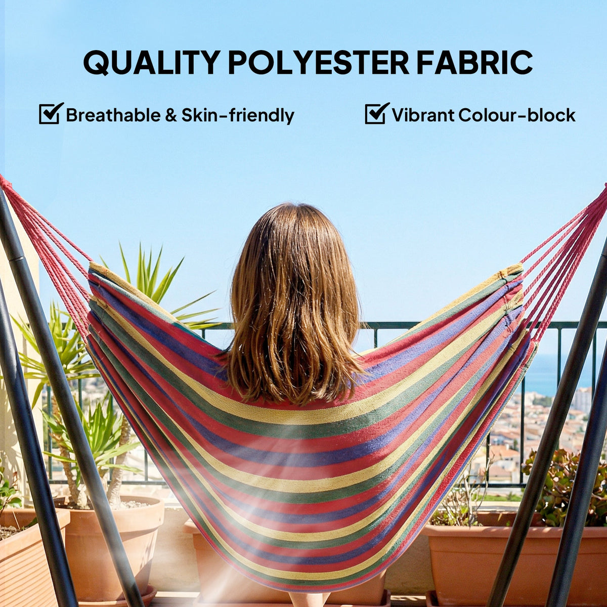 Fabric Patio Hammock with Steel Stand, Free-Standing Lounge Bed, Multi-Colored — product view 7