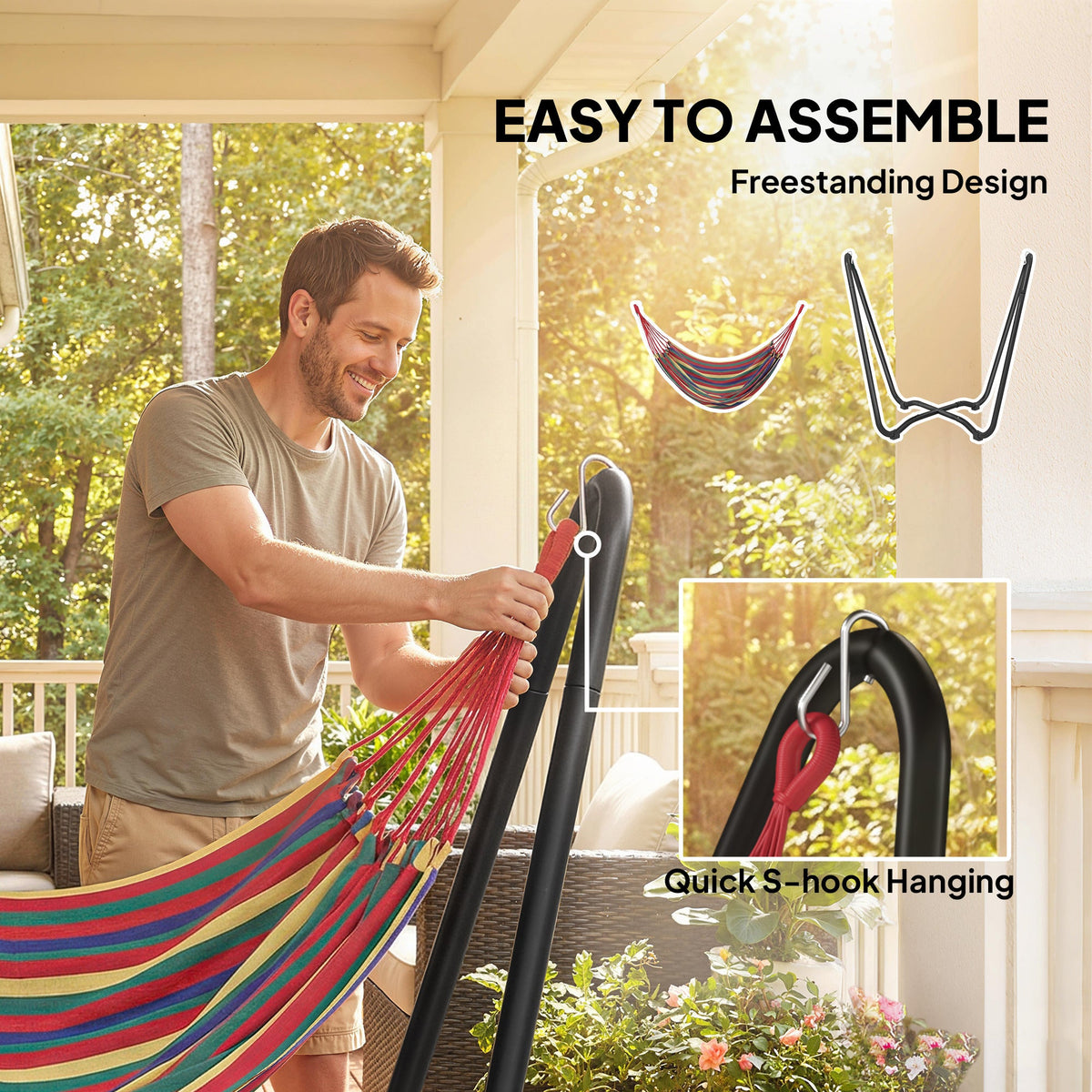 Fabric Patio Hammock with Steel Stand, Free-Standing Lounge Bed, Multi-Colored — product view 6