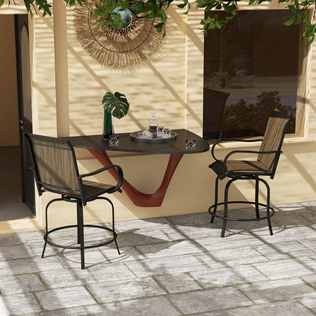 2-Piece Swivel Outdoor Bar Stools with Armrests, Tan — product view 3