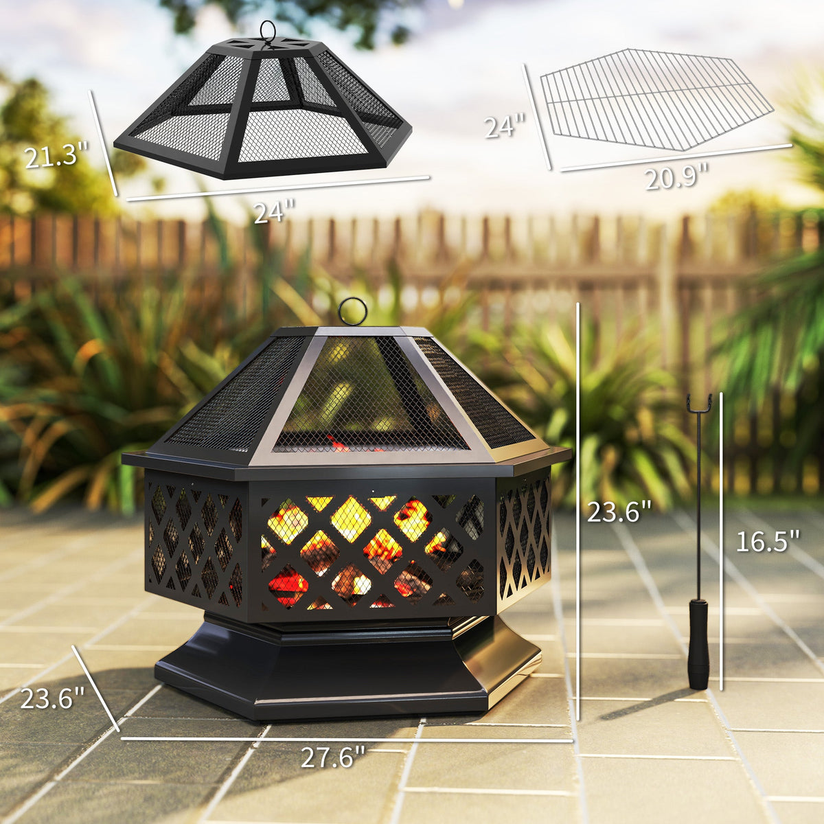 28" Outdoor Fire Pit Grill with Cooking Grate, Fire Poker and Spark Screen Lid — product view 5