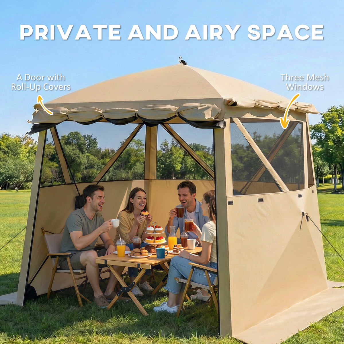 2 x 2 m Pop Up Gazebo with Awning, Sides, Mesh Windows & Carry Bag, Khaki — product view 6