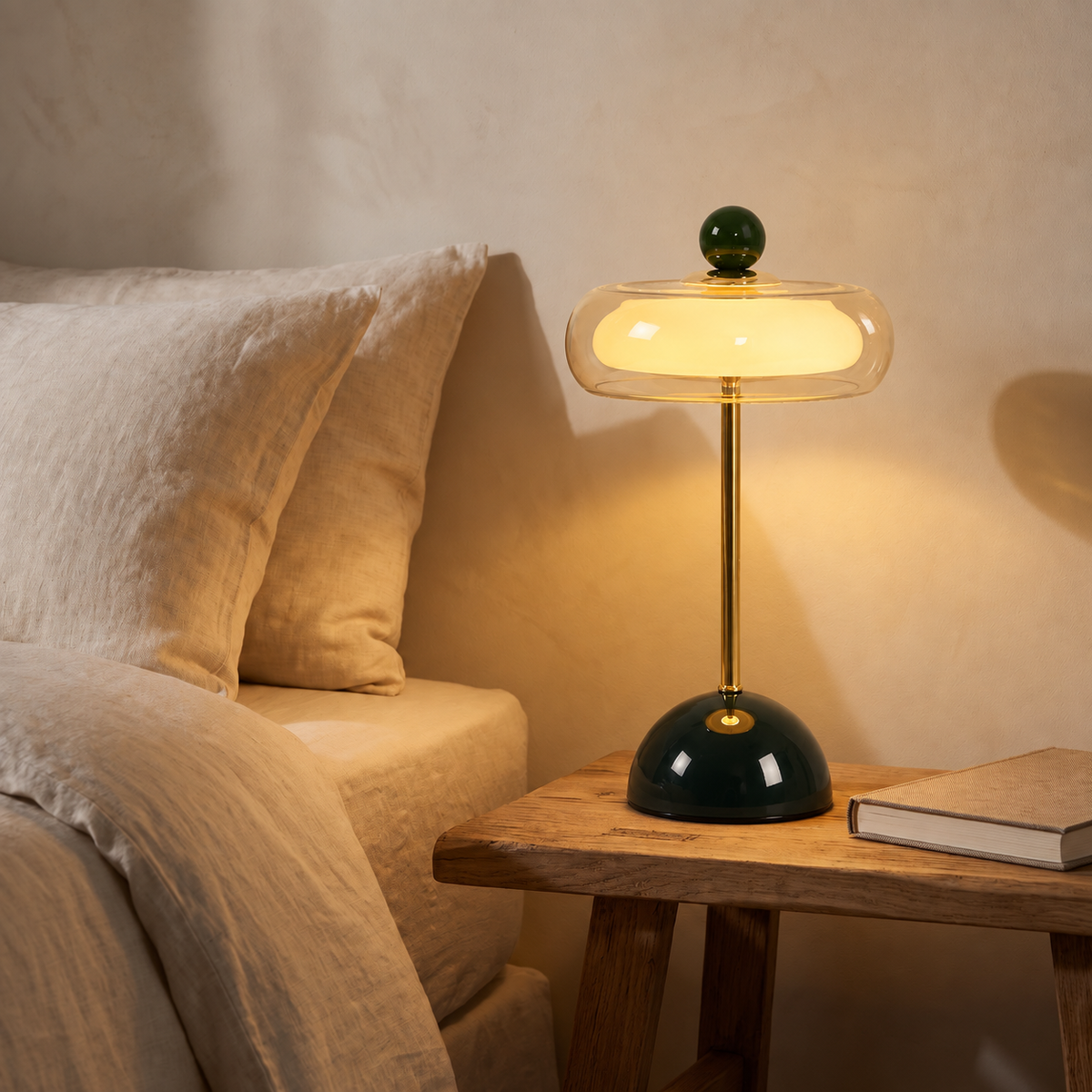 Verda Green Glass Halo Table Lamp Cordless Rechargeable Bedside Light for Consoles and Dining — product view 4
