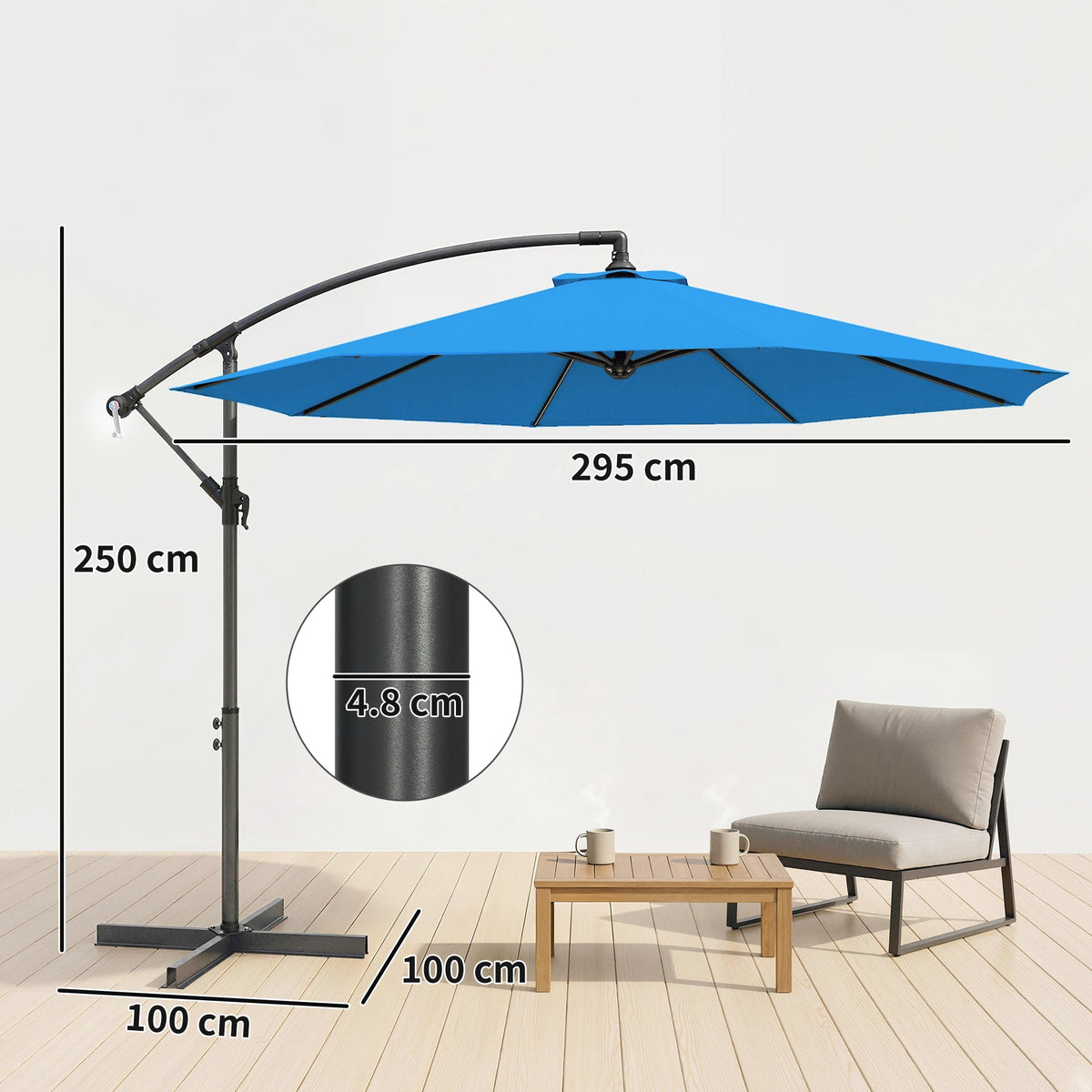 3 m Cantilever Parasol with Cross Base and Crank Handle, Blue — product view 5