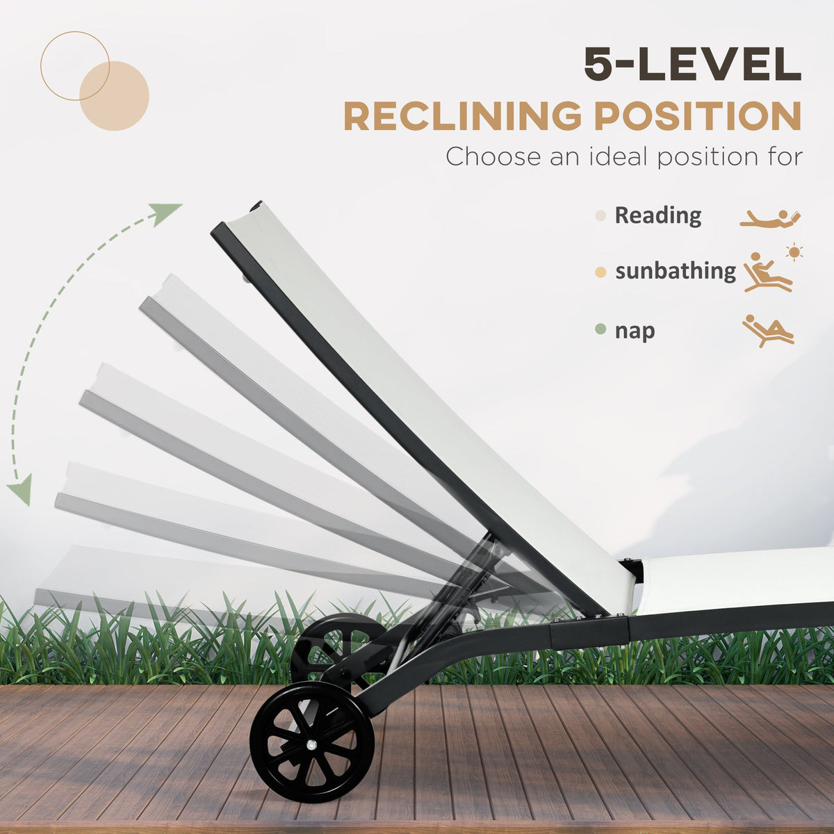 Set of 2 Outdoor Lounge Chairs with Wheels and Mesh Seat, Cream White — product view 7