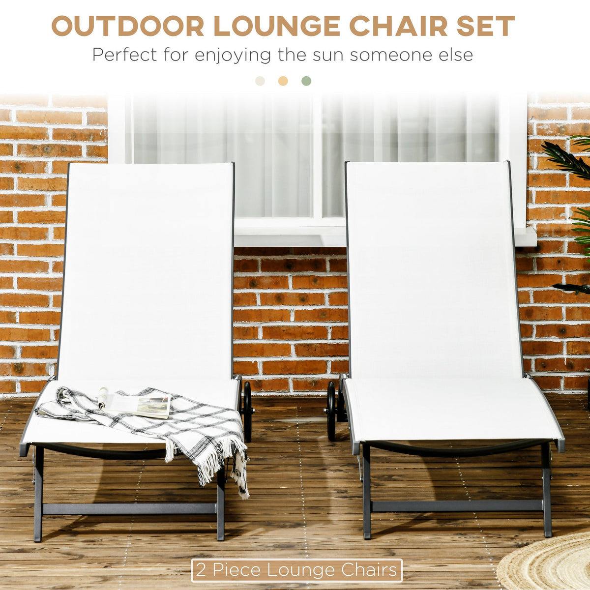 Set of 2 Outdoor Lounge Chairs with Wheels and Mesh Seat, Cream White — product view 6