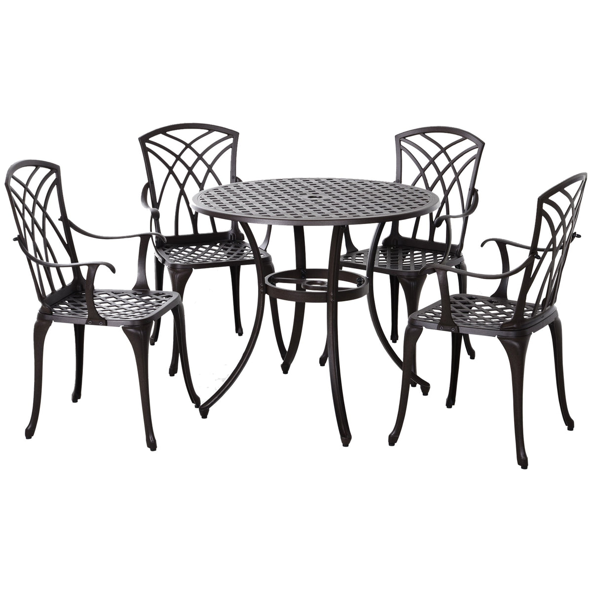 5 Piece Cast Aluminium Garden Dining Set with Parasol Hole, Brown — product view 1