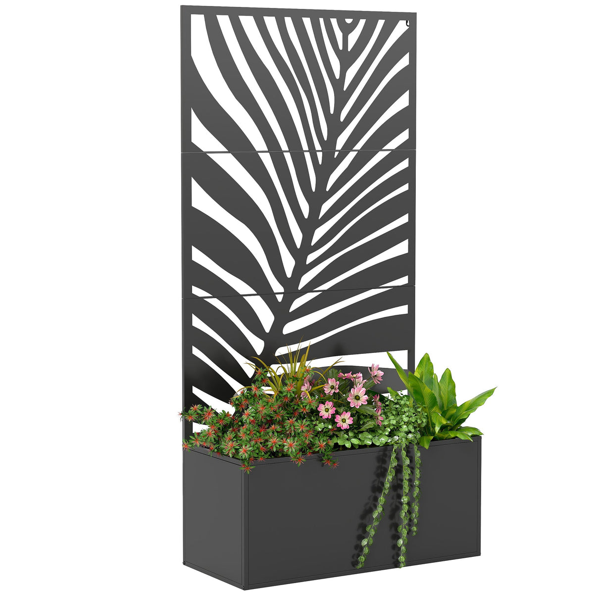 71" Metal Planter Box with Trellis, Large Leaf Cut-Out — product view 1