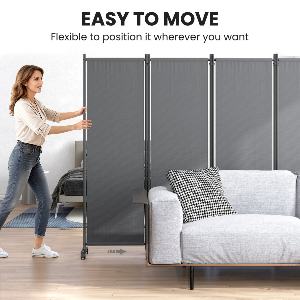 4 Panel Folding Room Divider with Lockable Wheels, Dark Grey — product view 7