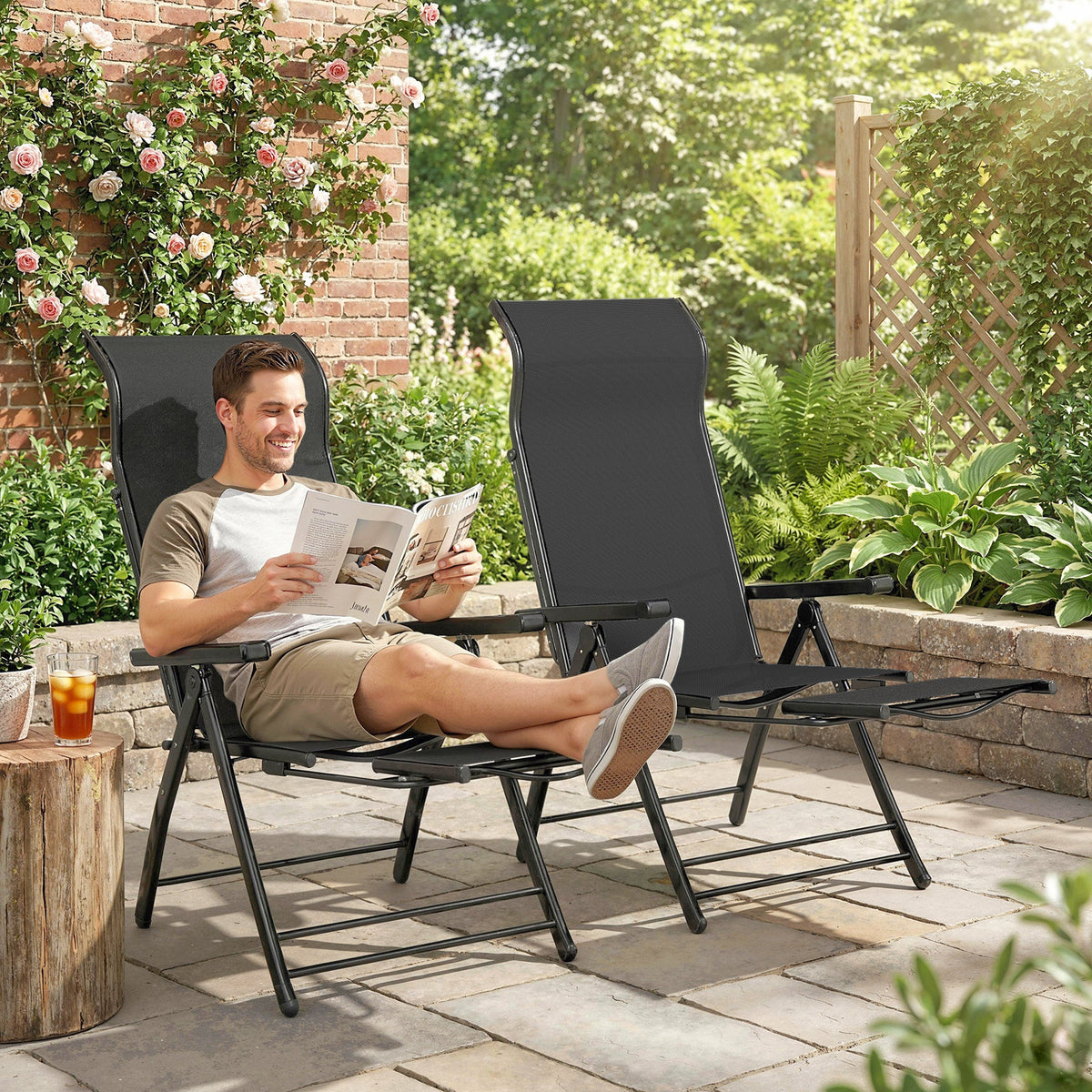 Set of 2 Folding Patio Chairs with Footrest and 5-Position Recline, Black — product view 3