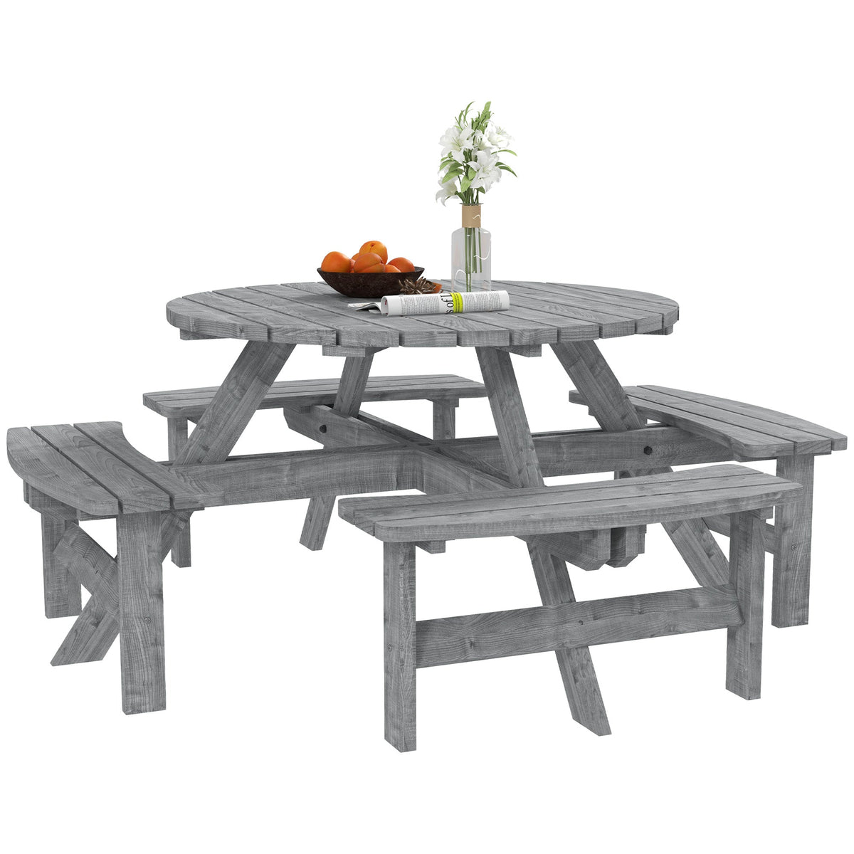 Wooden Patio Dining Set for 8 with Round Table and 4 Benches, Grey — product view 2
