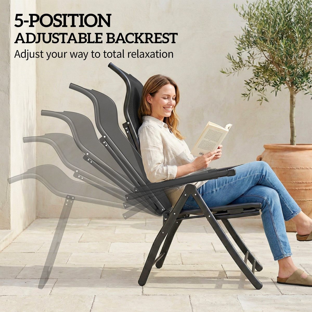 Set of 2 Folding Patio Chairs with Footrest and 5-Position Recline, Black — product view 6