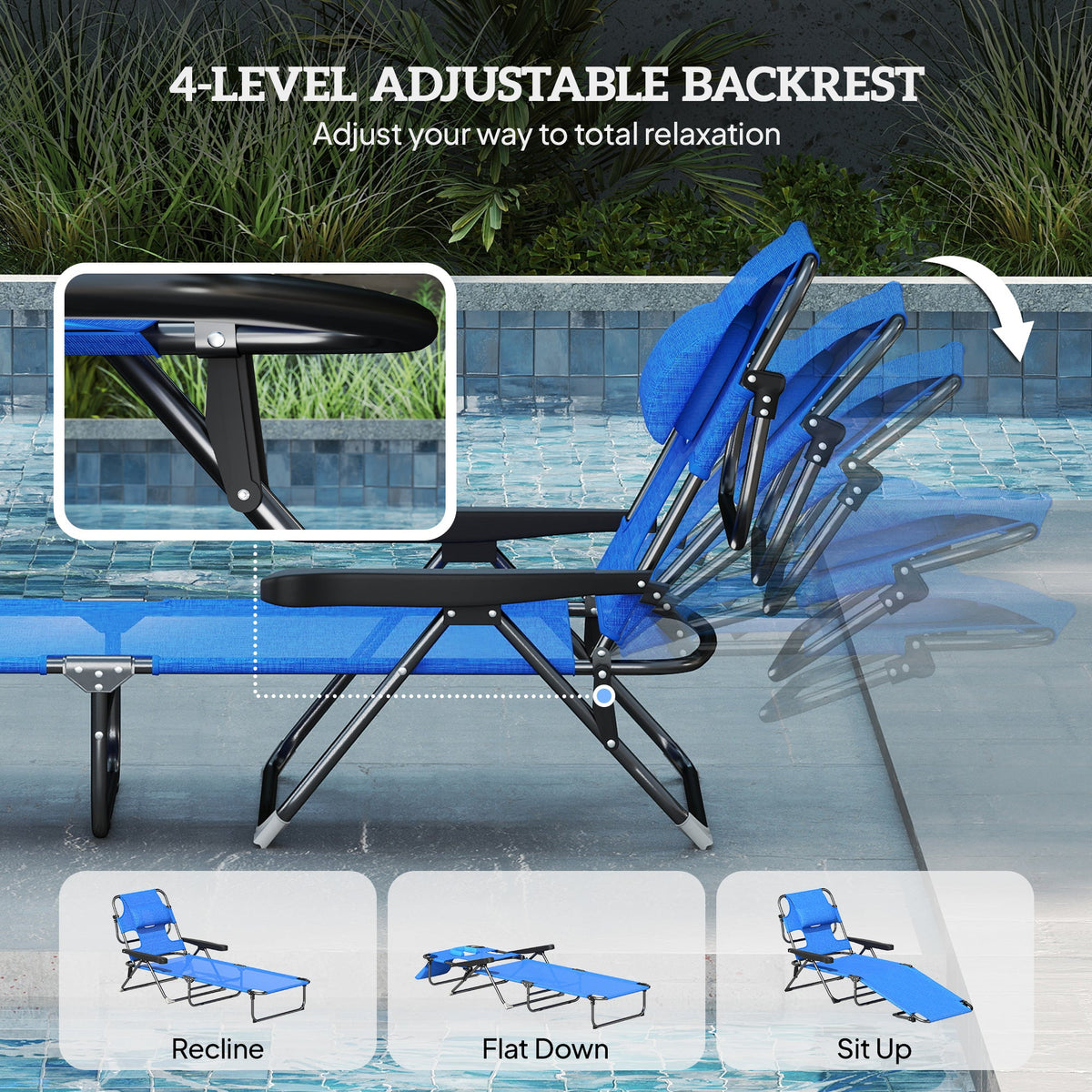 Folding Lounge Chair with Reading Hole and Headrest, Dark Blue — product view 7