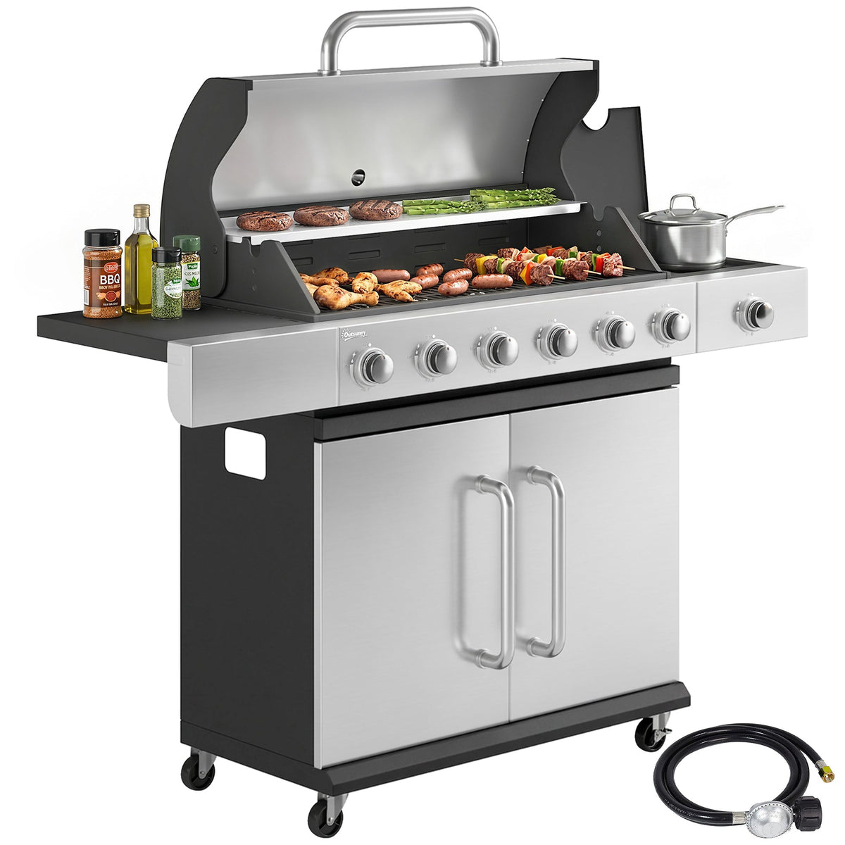 6 Burner Propane Gas Grill with Side Burner, 63,000 BTU , Warming Rack & Cabinet — product view 1