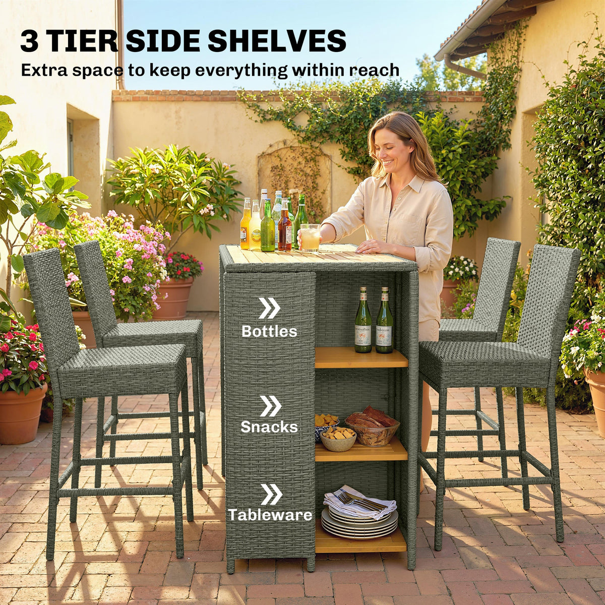 5 Piece Outdoor Bar Set with Storage Table and Cushions, Gray — product view 6