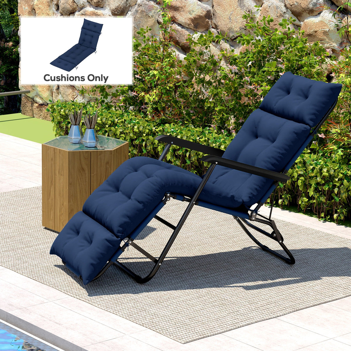 Tufted 74.8" x 22" x 4" Outdoor Chaise Lounge Cushion with Ties, Navy Blue — product view 3