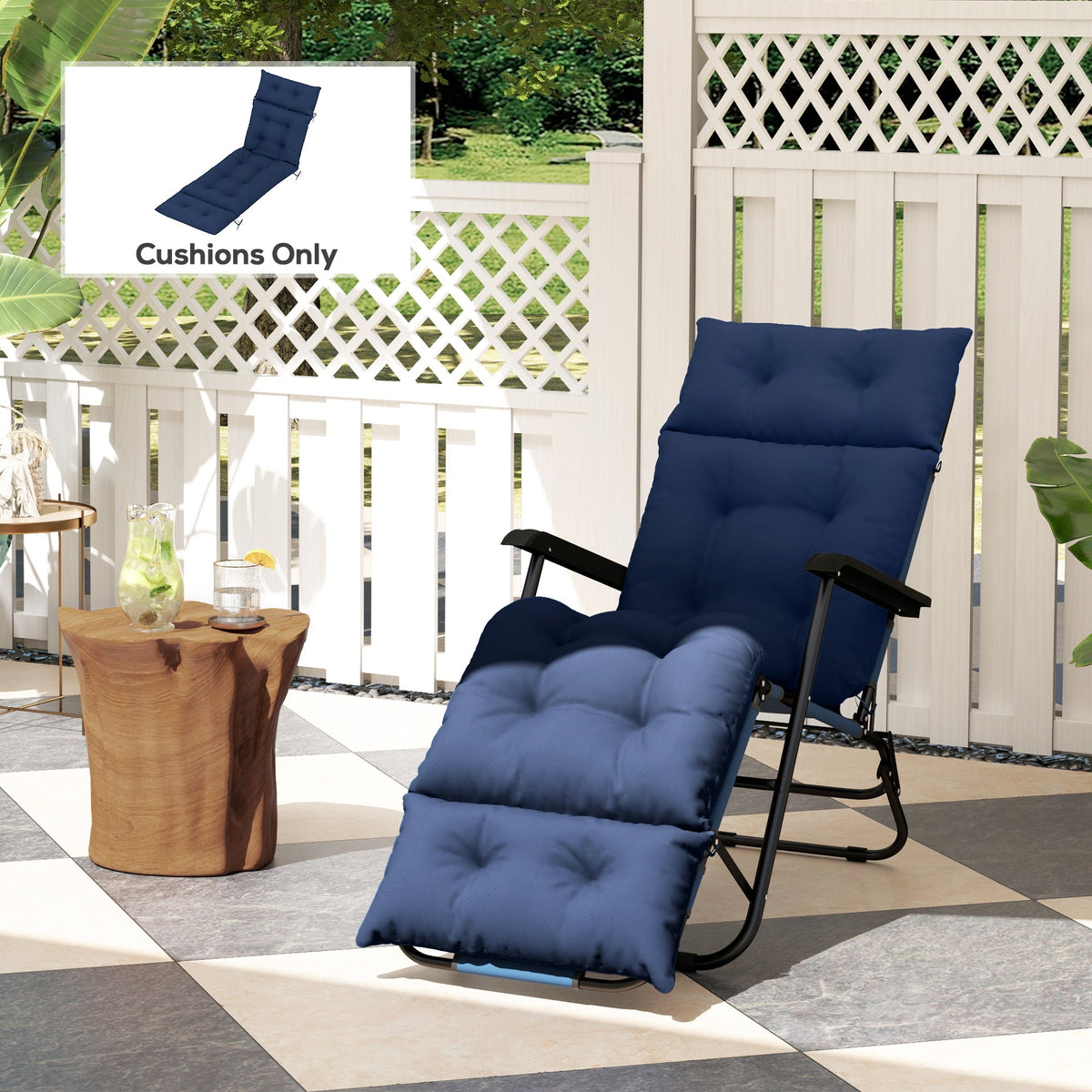 Tufted 74.8" x 22" x 4" Outdoor Chaise Lounge Cushion with Ties, Navy Blue — product view 4