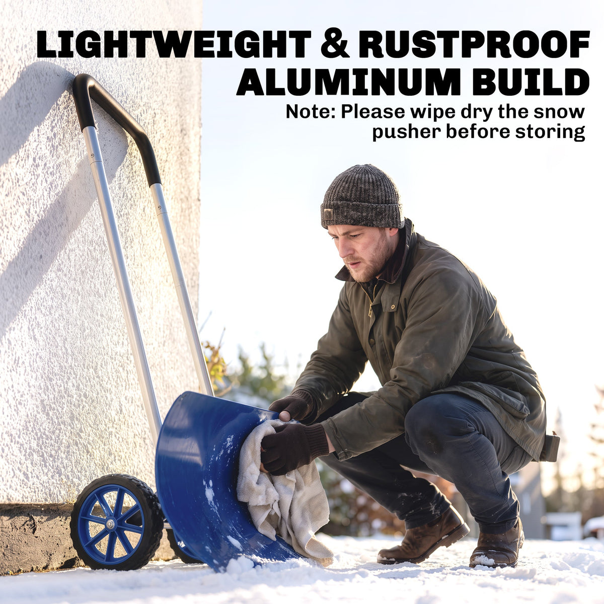 37-Inch Extra Wide Aluminum Snow Pusher with Wheels and Adjustable Handle, Blue — product view 6