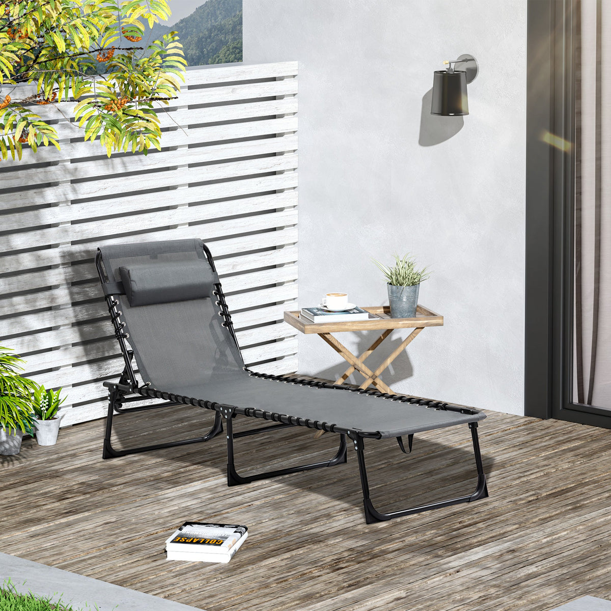 Folding Lounge Chair with Adjustable Backrest and Pillow, Grey — product view 3