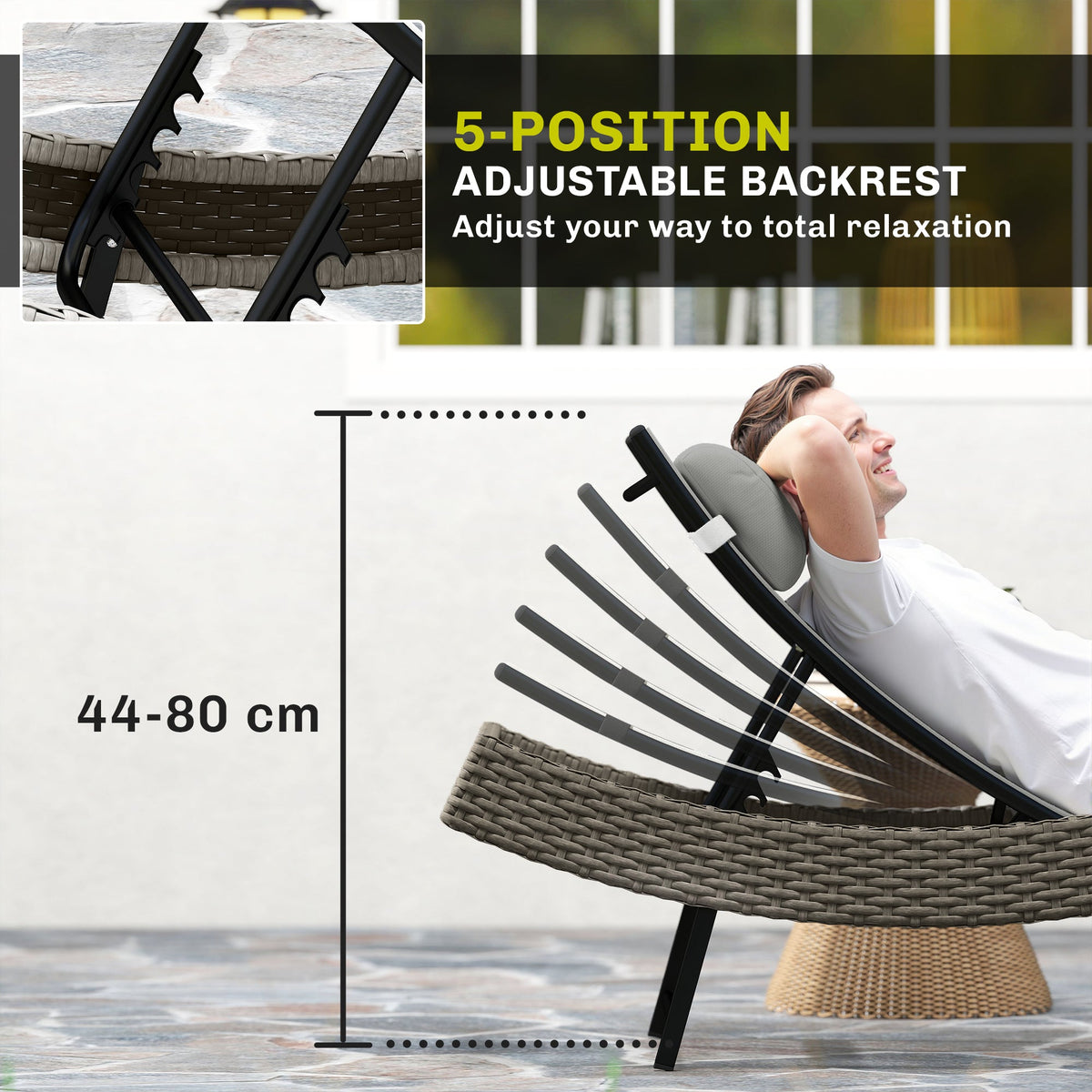 Rattan Sun Lounger with S-Shaped Seat and 5-Position Backrest, Light Grey — product view 7