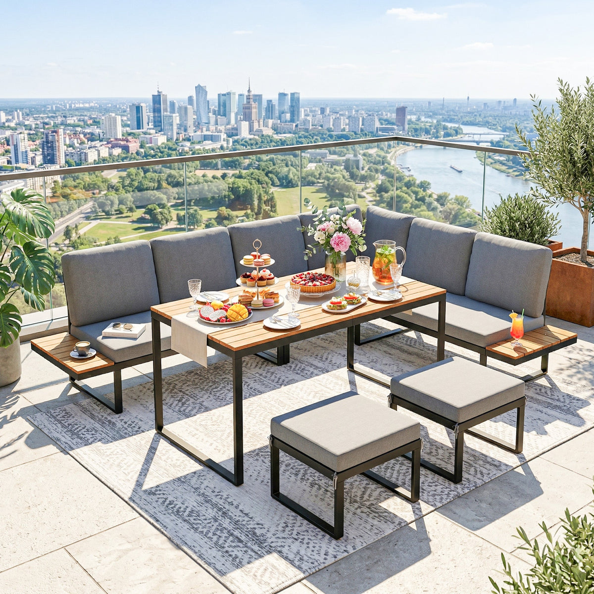 FlexNook 6-Piece Corner Sofa Set for 6-8, Aluminium Frame with Cushions, Grey — product view 3