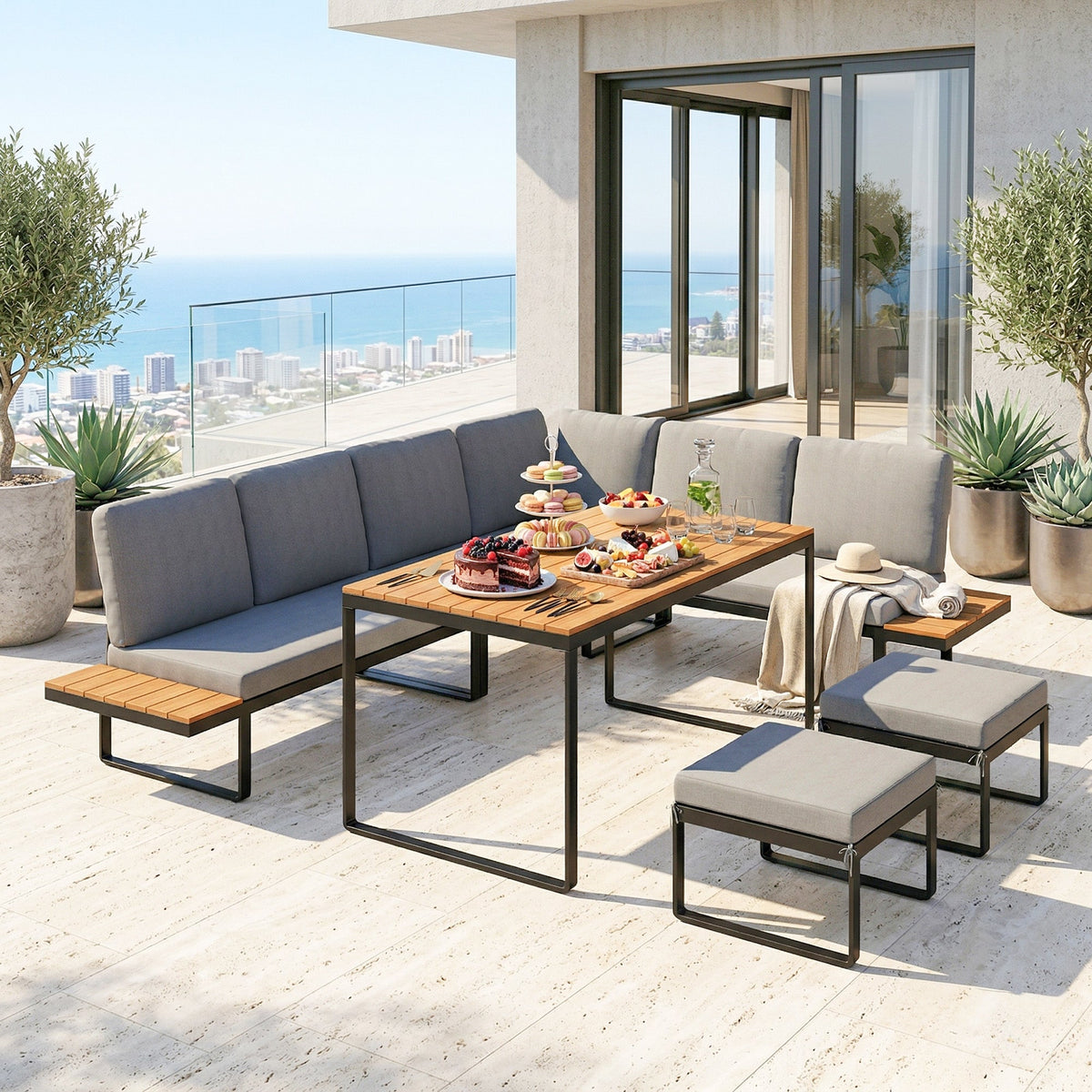 FlexNook 6-Piece Corner Sofa Set for 6-8, Aluminium Frame with Cushions, Grey — product view 4