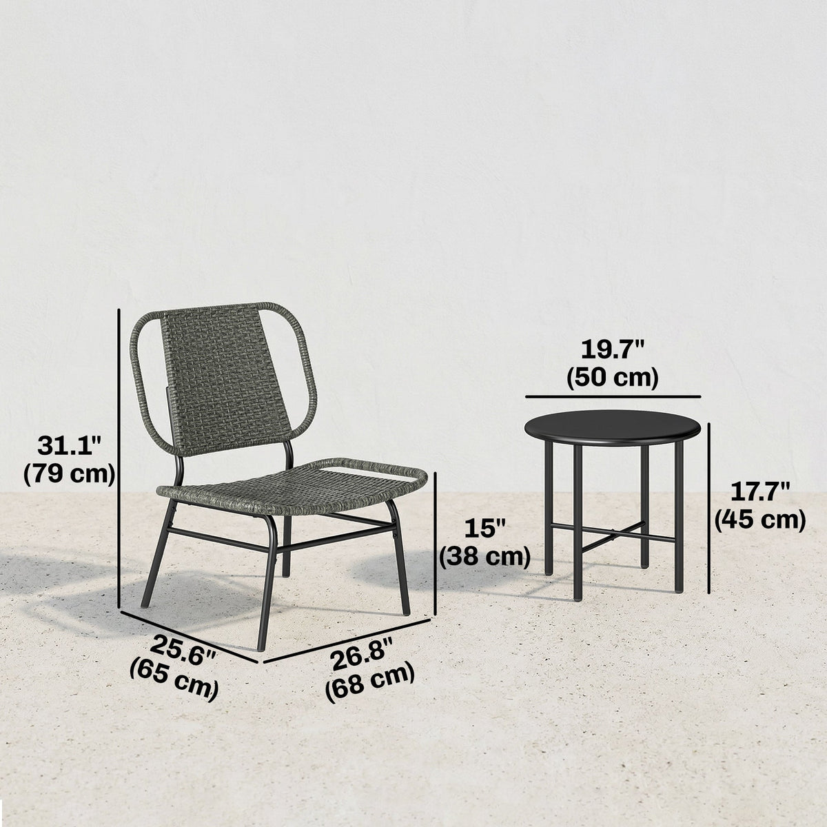 3 Piece Wicker Patio Bistro Set with 2 Armless Chairs and Steel Table, Grey — product view 5