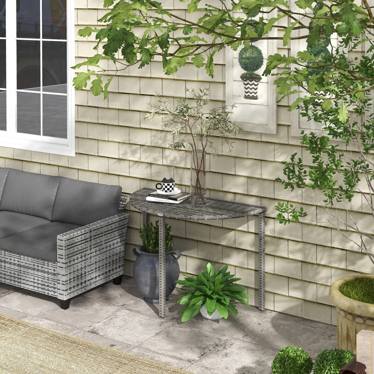 39.4" Half Round PE Rattan Side Table with Metal Frame, Grey — product view 3
