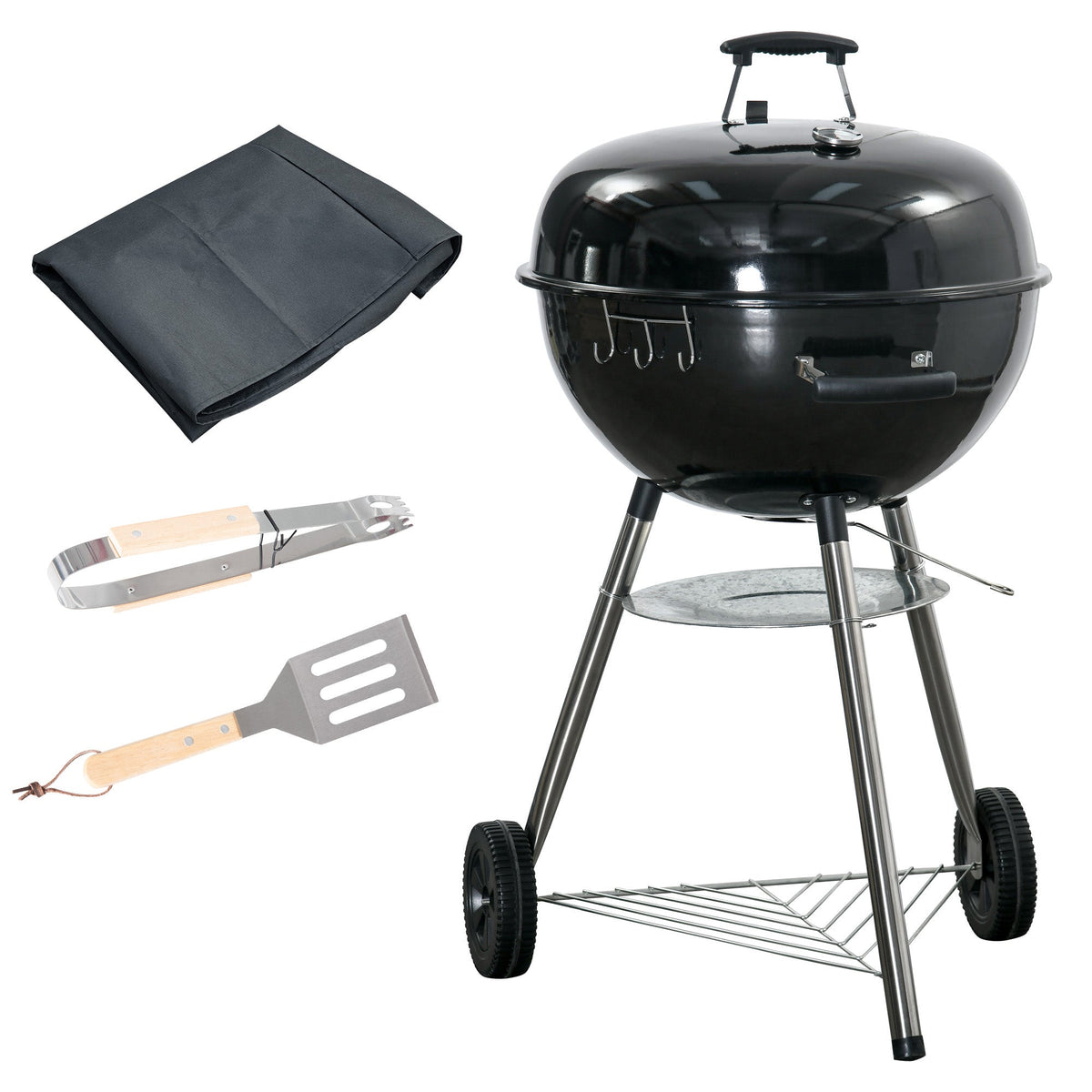 Portable Kettle Charcoal BBQ Smoker with Lid, Shelf & Wheels — product view 1