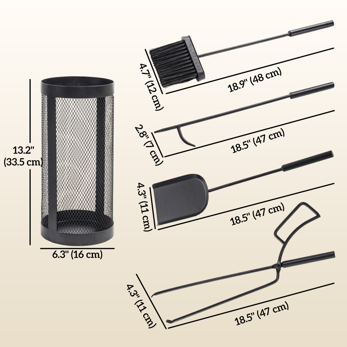 5-Piece Metal Fireplace Tool Set with Brush, Shovel, Poker, Tongs & Mesh Basket, Black — product view 5