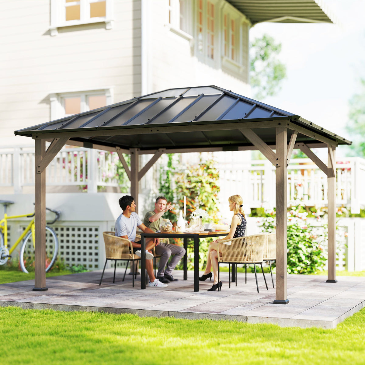 10' x 12' Wood Hardtop Gazebo with Clear Roof, Light Walnut — product view 3