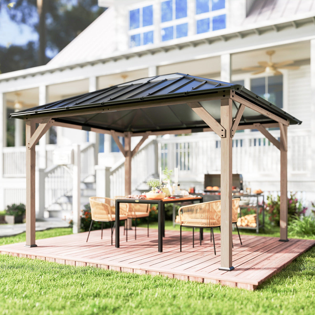 10' x 12' Wood Hardtop Gazebo with Clear Roof, Light Walnut — product view 4