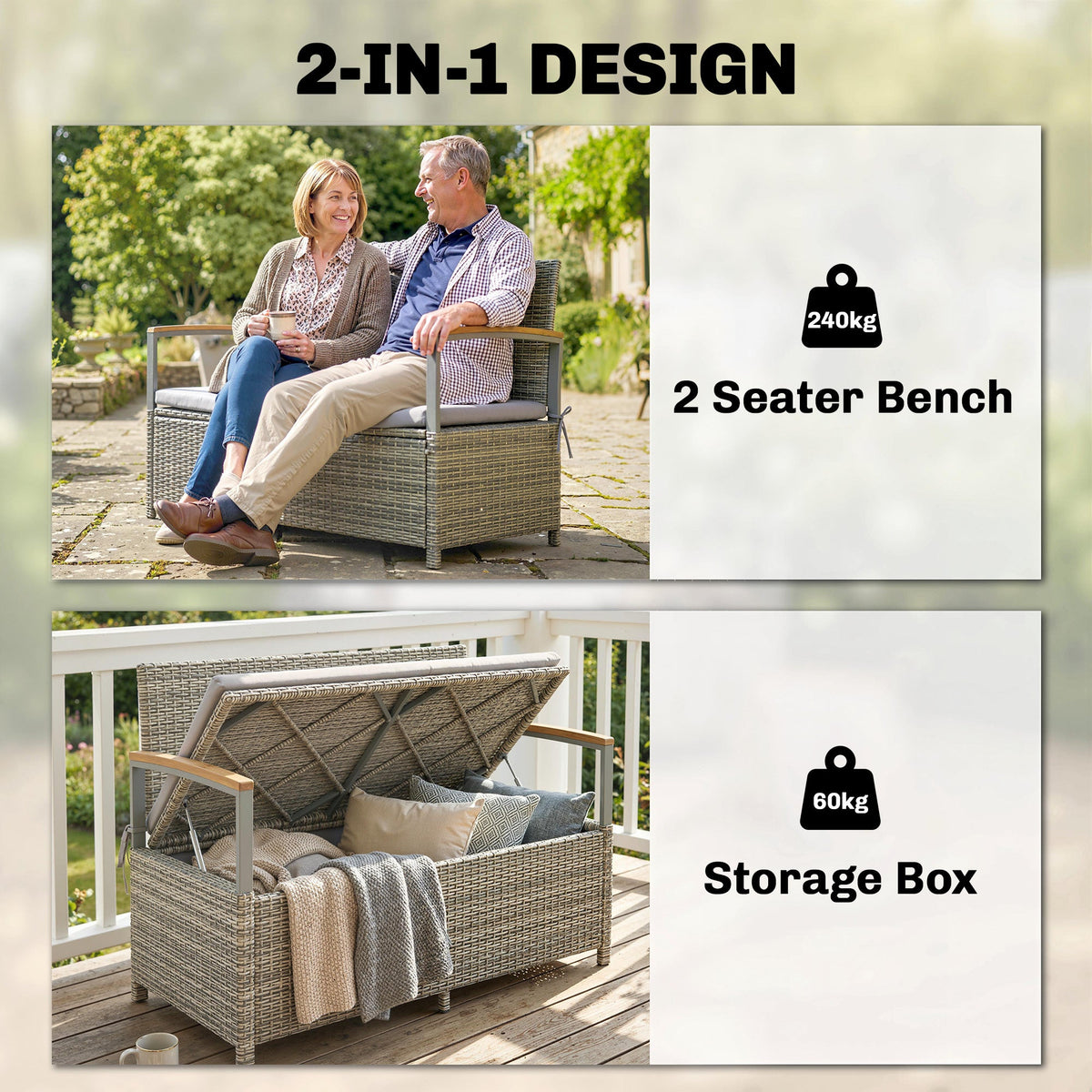 144L 2-Seater Rattan Storage Bench with Acacia Armrests & Gas Strut, Light Grey — product view 6