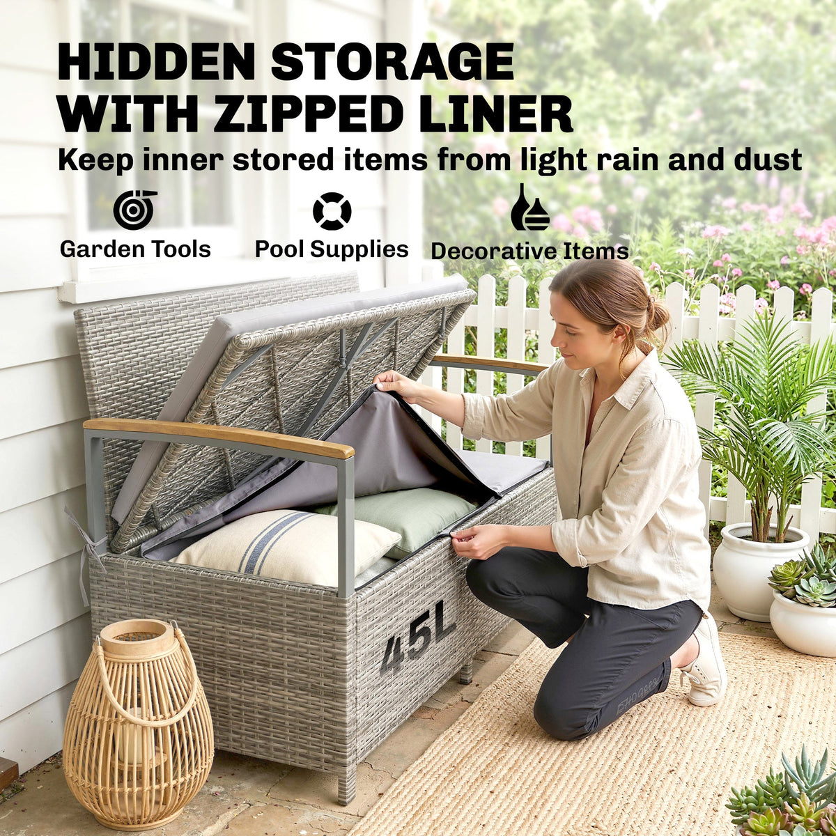 144L 2-Seater Rattan Storage Bench with Acacia Armrests & Gas Strut, Light Grey — product view 7
