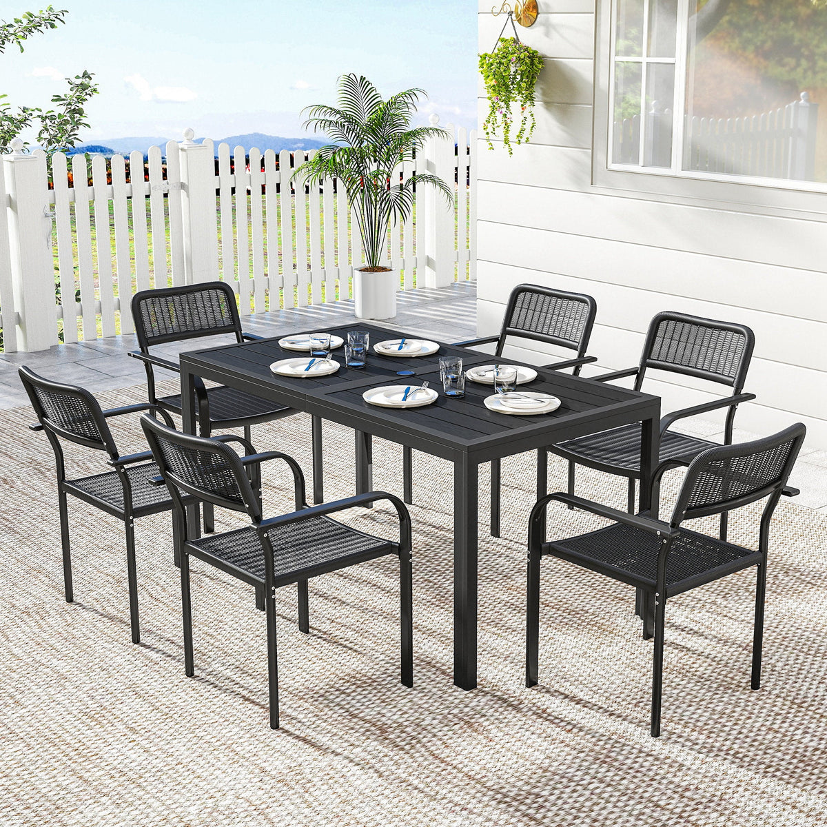 7-Piece Garden Dining Set with 6 Faux Rattan Chairs & Wood-Effect Table, Black — product view 4
