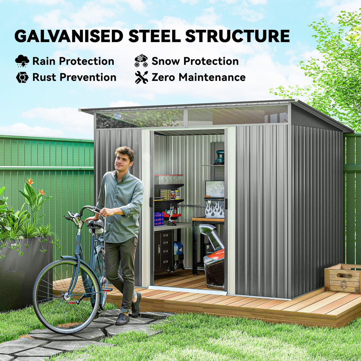 9ft x 6.5ft Metal Shed with Double Doors & Light Panels, Light Grey — product view 6
