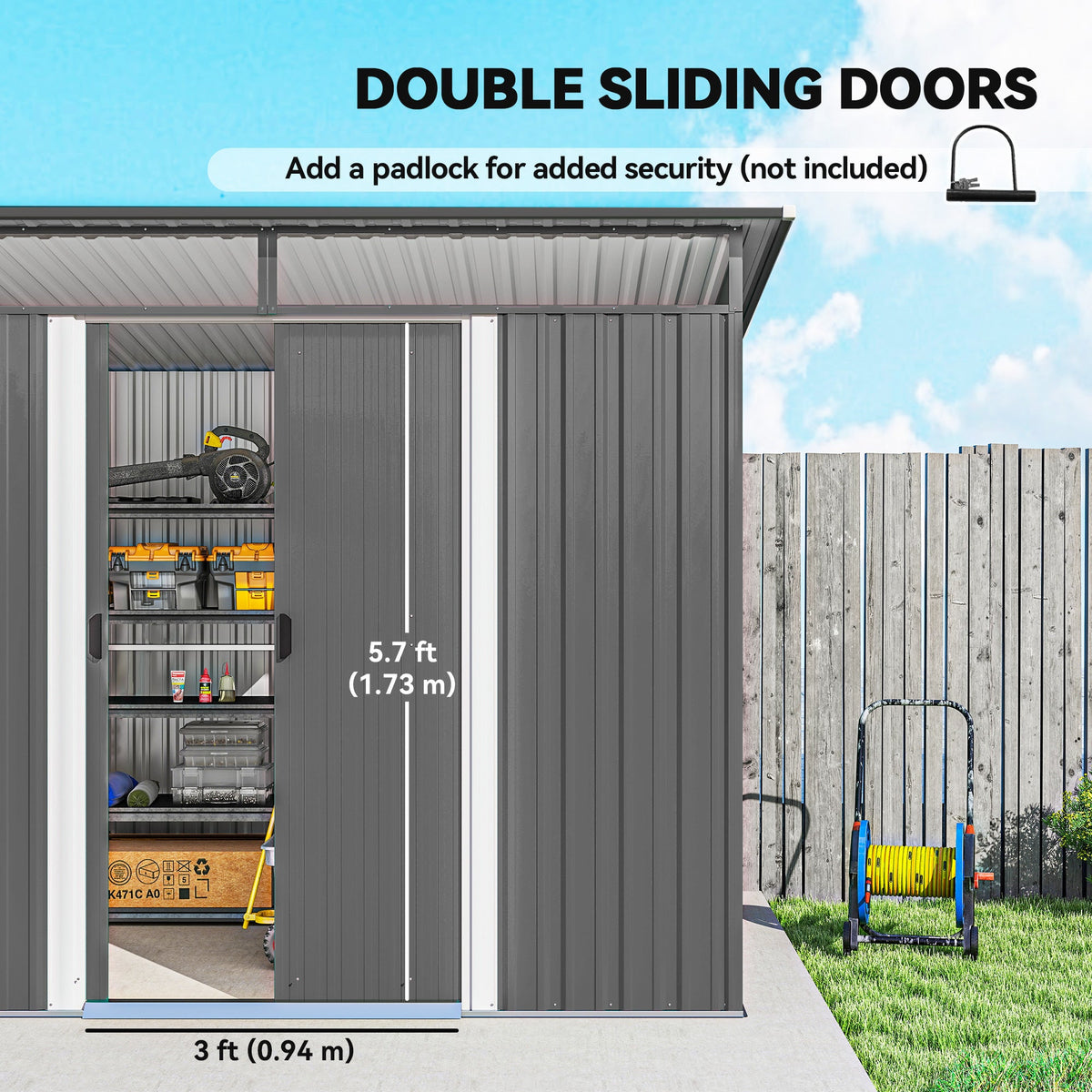 9ft x 6.5ft Metal Shed with Double Doors & Light Panels, Light Grey — product view 7