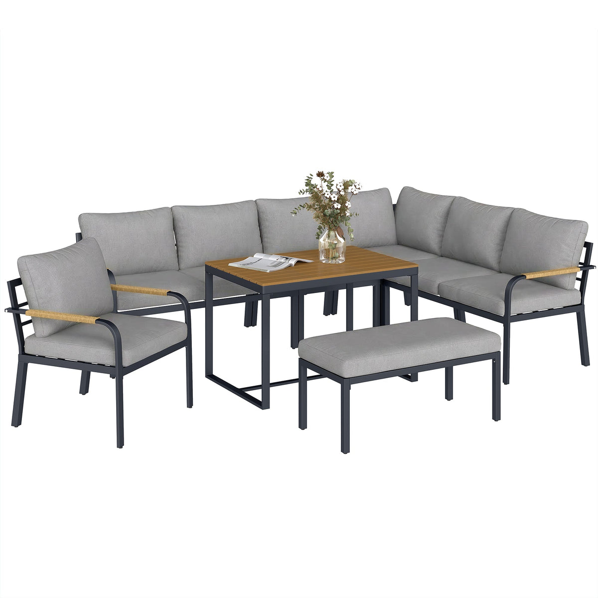 7 Seater Garden Furniture Set with Faux Wood Table, Light Grey — product view 1